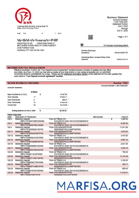 Printable Huishang Bank firm account statement Word and PDF template